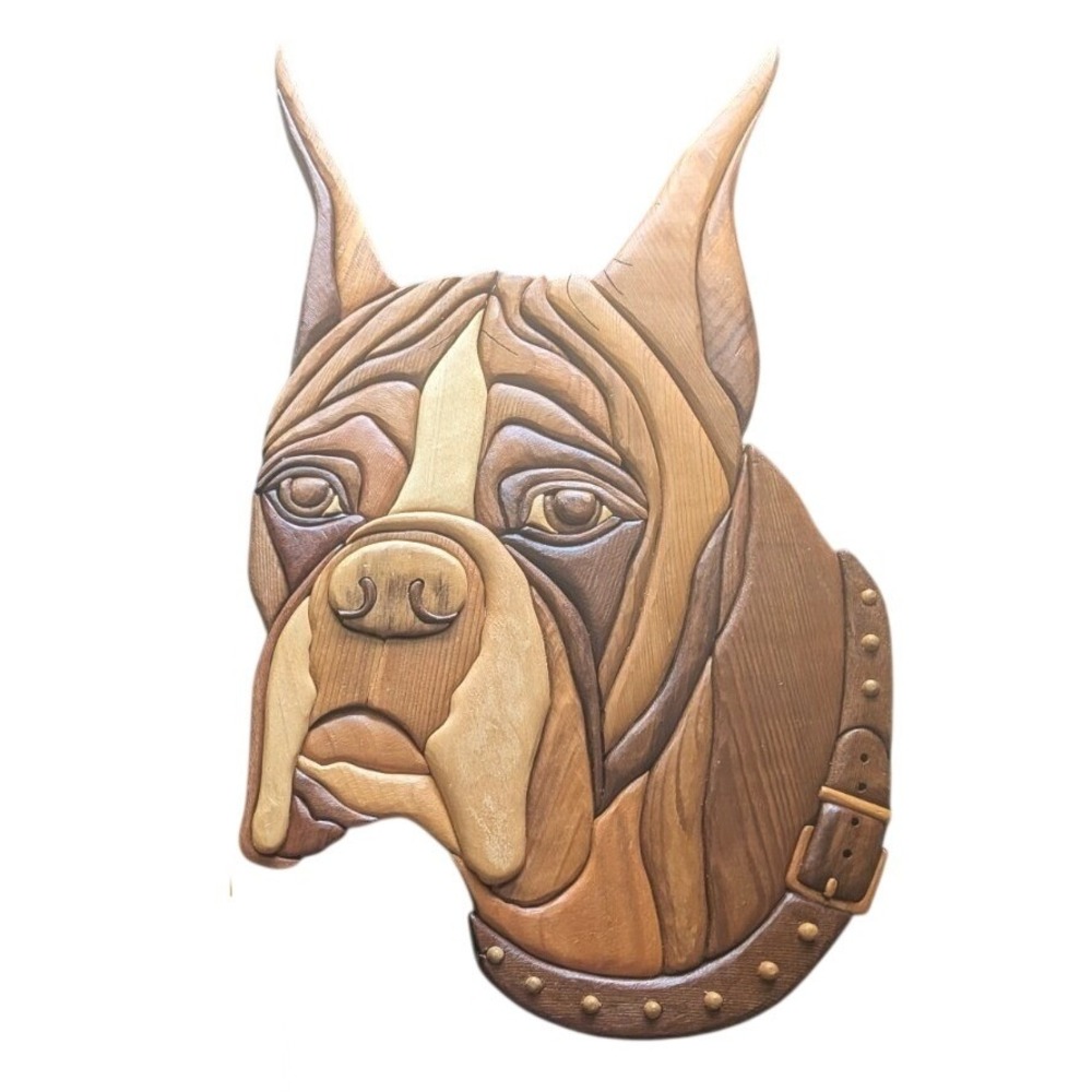 Boxer Dog Intarsia Wood Wall Art‎ Handmade 3D Portrait Plaque 16"